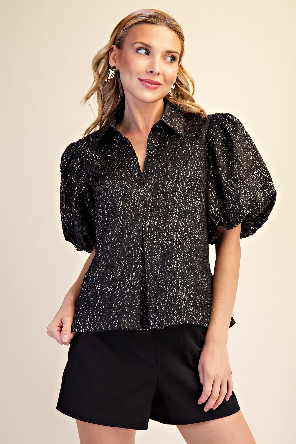 F26 Lurex Puff Sleeve Top
