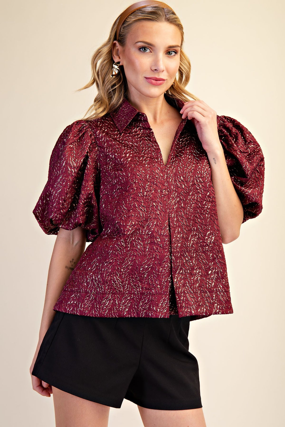 F26 Lurex Puff Sleeve Top