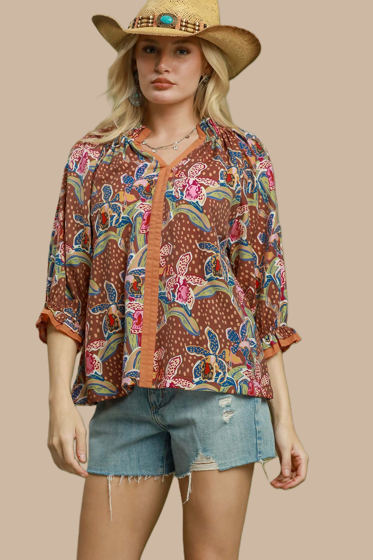 F26 Abstract Ruffle Neck Top