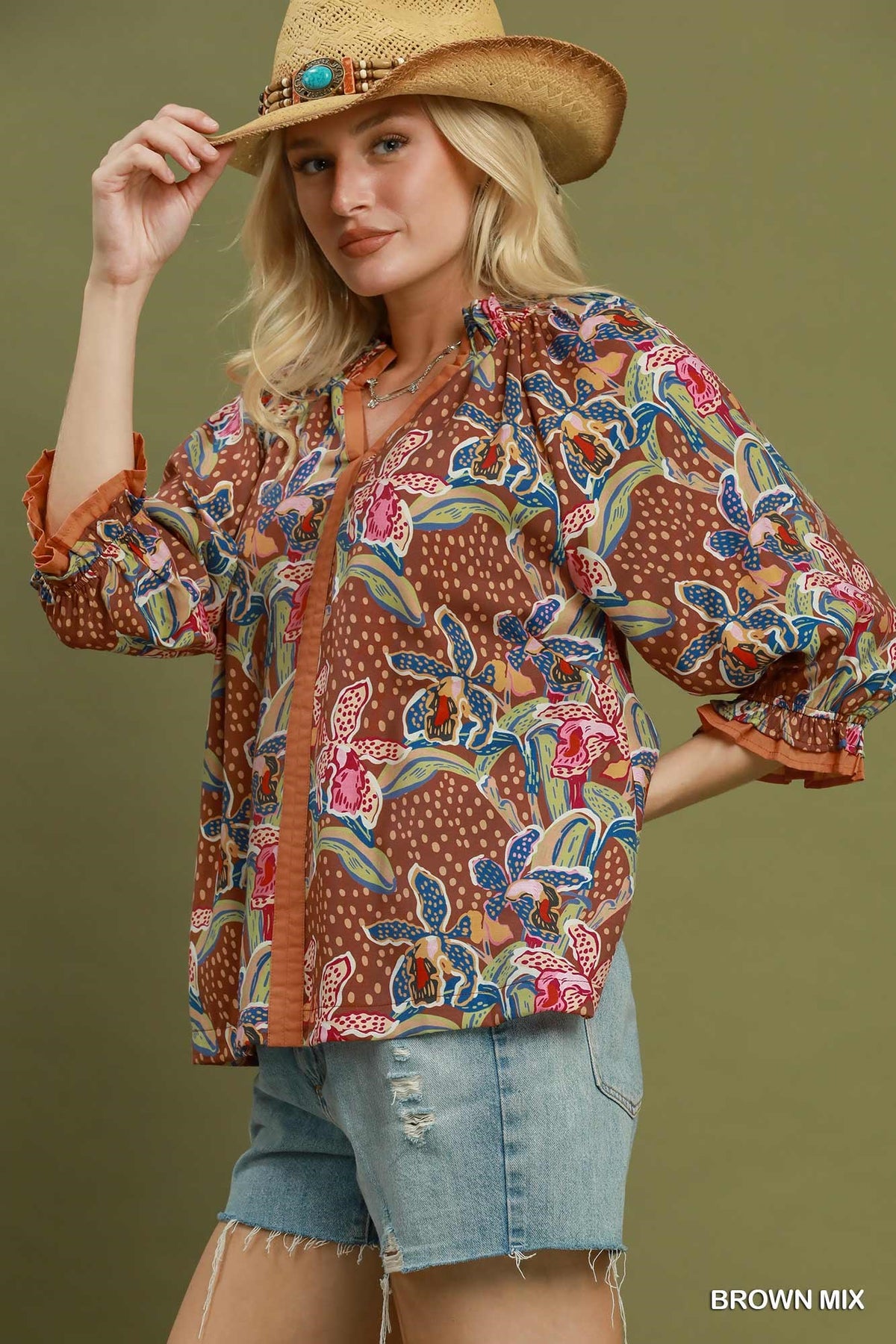 F26 Abstract Ruffle Neck Top