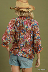 F26 Abstract Ruffle Neck Top