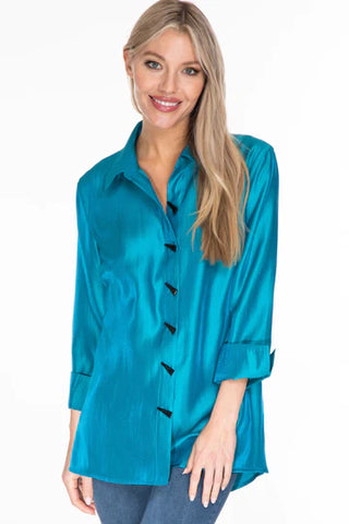 Multiples Button Front and Back Blouse in Teal Curvy Sizes