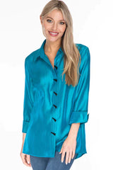 Multiples Button Front and Back Blouse in Teal Curvy Sizes