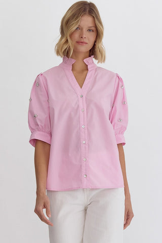 Multiples: Shimmer Button Down Top in 2 colors Curvy Sizes