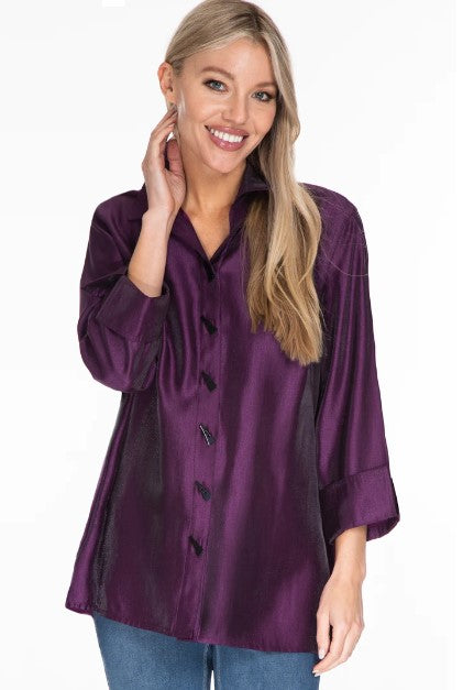 Multiples Button Front and Back Blouse in Eggplant Curvy Sizes